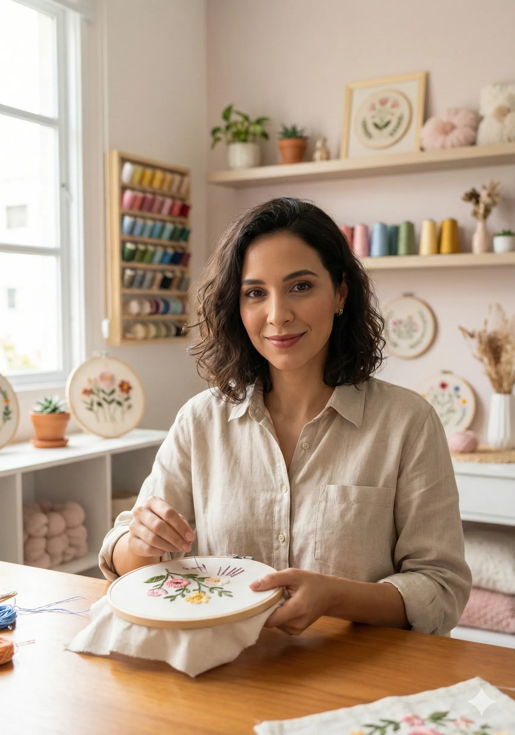Marina Duarte bordando em seu ateliê iluminado